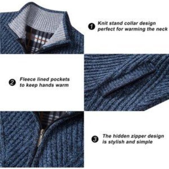 Men's Knitted Cardigan Sweaters Slim Full Zip Blue - Picture 6 of 8